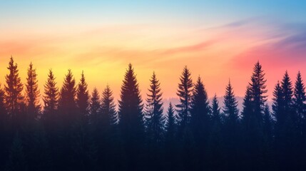 Obraz premium Sunset over silhouetted pine forest, idyllic landscape, nature background, travel poster