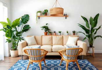 Fototapeta premium Cozy living room, bohemian style, beige sofa, rattan chairs, blue patterned rug, large indoor plants, monstera, fiddle leaf fig, white brick wall, wooden floating shelves, woven pendant light, natural