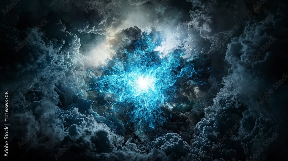Poster cobalt blue light erupts through dark clouds abstract art digital creation mystical environment dram