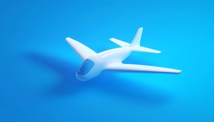 A white airplane flying against a blue background, in an isometric design style, with a simple, minimalistic, 3D rendering, in a cartoon, cute, smooth, and shiny style. 