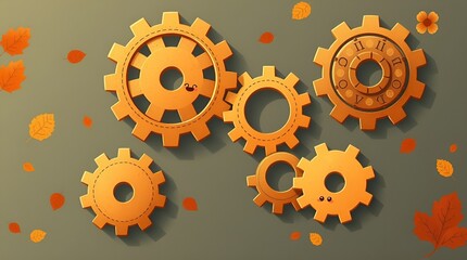 Autumn-themed gears illustration with falling leaves. office, teamwork, brainstorming, meeting, Labor Day,