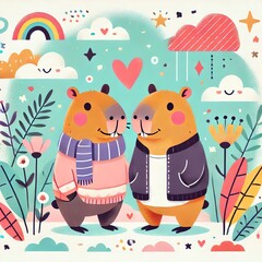Naklejka premium Illustration Capybara, funny, cute capybaras, lovers, valentine's day, postcard