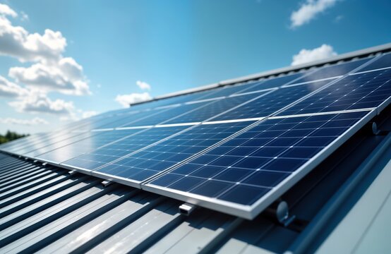 Solar panels installed on building roof under clear sky. Modern energy tech with eco-friendly approach. Renewable energy system. Photovoltaic panels installed outdoor on metal roof. Clean energy