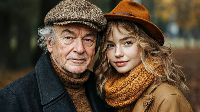 Man and a woman are posing for a picture. The man is wearing a hat and the woman is wearing a scarf