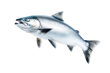 Obraz premium Silver salmon fish with fine details, textured scales and fins isolated on white transparent background. Concept of aquatic life