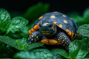 Obraz premium Close-up of colorful tortoise resting on lush green leaves in natural habitat