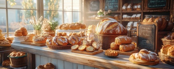 Artisan Bakery Counter A Delightful Display of Freshly Baked Breads, Pastries, and Coffee Discover a tempting array of sourdough, croissants, danishes, and more at our charming bakery Experience the