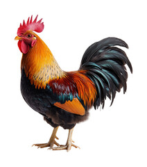 Fototapeta premium Colorful rooster stands proudly in a vibrant display of feathers under morning sunlight in a rural setting isolated on transparent background