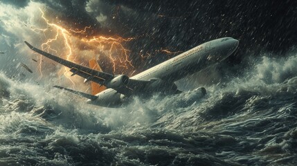 Obraz premium Strong winds and lightning challenge an airplane attempting to navigate through a turbulent storm at sea