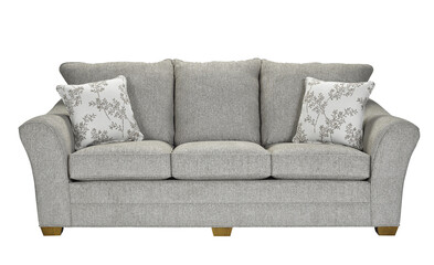 A sofa with pillows in a minimalist design with wooden legs + clipping path. The sofa is isolated on a White background.