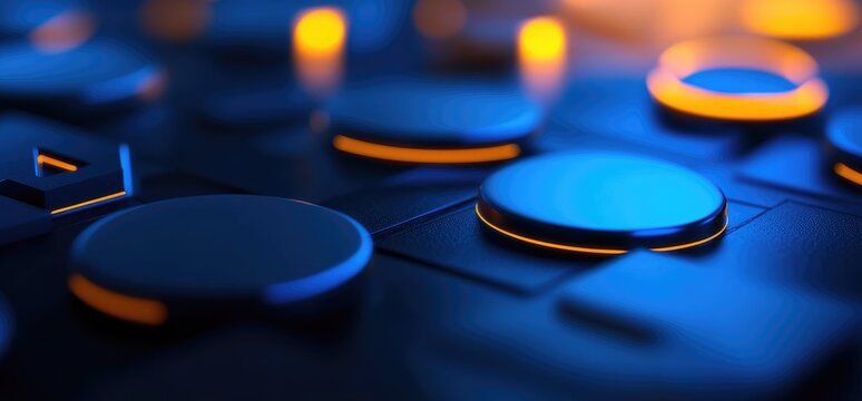 Blue illuminated control panel, close-up. Abstract technology background