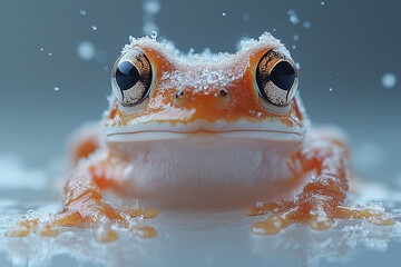 Frog with bright orange skin resting on ice with frosty details and curious expression