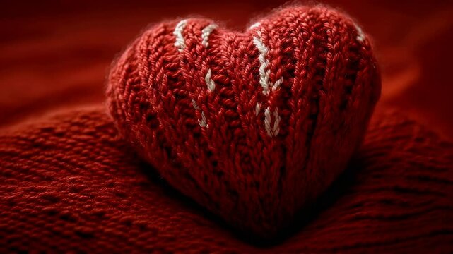 Close-up of a red knitted heart resting on a red knitted fabric.