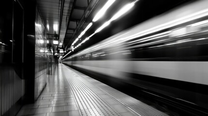 Obraz premium A blurred train speeds past a modern train station,