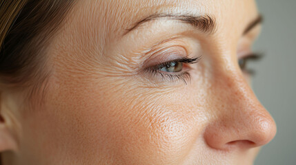 Fototapeta premium Middle aged woman with wrinkles with face drop crow's feet. Collagen and face injections for anti age Skin care treatment concept 
