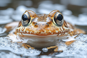 Frog resting in clear water with large eyes and vibrant patterns in a calm natural habitat
