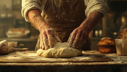 Artisan Bakery Workspace Skilled Baker's Hands Shaping Fresh Bread Dough, Rustic Kitchen Setting, Craft Bakery, Coffee and Pastries, Traditional Baking Methods, Homemade Bread, Authentic Flavors
