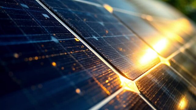 Golden sun reflecting on solar panels surface during a bright sunny day