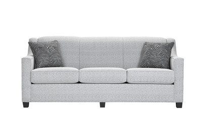 A sofa with pillows in a minimalist design with wooden legs + clipping path. The sofa is isolated on a White background.