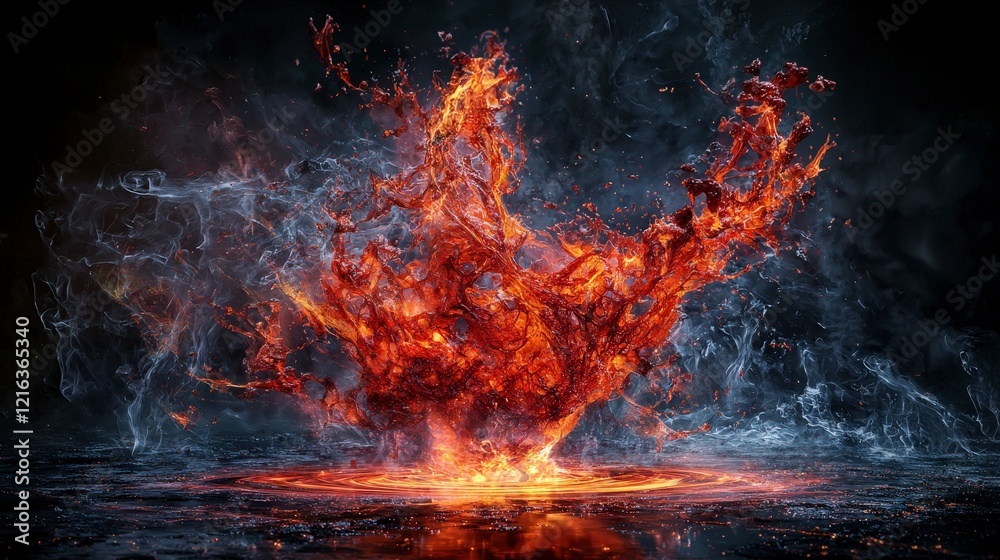 Poster explosive red-orange energy swirling in a dark environment abstract art dynamic viewpoint nature con
