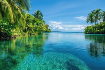 Obraz premium Crystal-clear water of a tropical lagoon reflecting the sky, where the purity of the scene is amplified by the vibrant colors and natural beauty