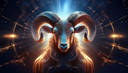 Symbolic representation of the Capricorn zodiac sign featuring a majestic ram illuminated by cosmic energy