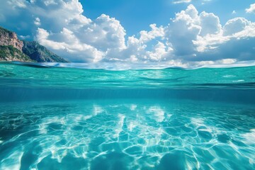 Fototapeta premium Crystal-clear water of a tropical lagoon reflecting the sky, where the purity of the scene is amplified by the vibrant colors and natural beauty
