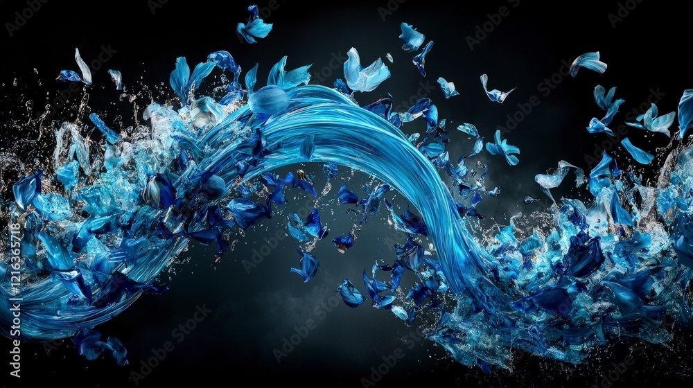 Poster a dynamic wave of deep blue water and scattered emotions abstract art in dark environment digital co