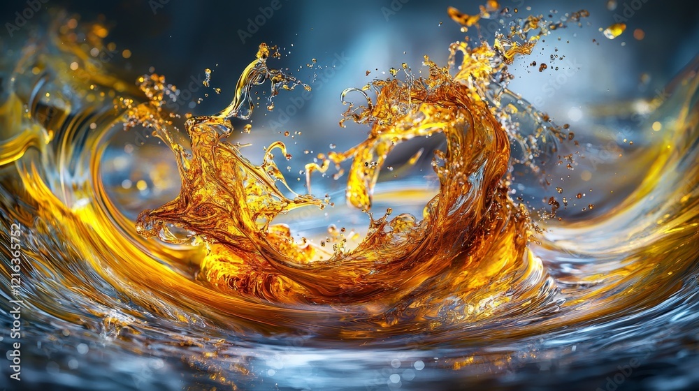 Poster Swirling amber and yellow liquid motion abstract art digital creation studio environment close-up fluid dynamics