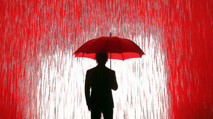 on your island of safety man silhouette standing under umbrella saving from red bloody rain