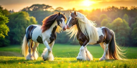 Gypsy Vanner Horses Scratching in Summer Pasture - AI Photo