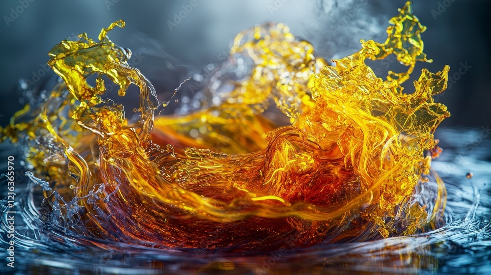 Poster swirling mass of amber and yellow water splash abstract art fluid dynamics illuminated surroundings 