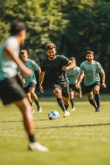 Fototapeta premium A group of friends chasing a soccer ball across the grassy field, laughing as they compete for the ball