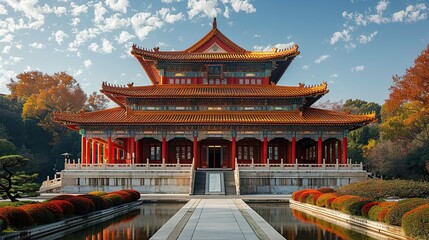 Naklejka premium a Chinese building with red pillars and a white blue sky background