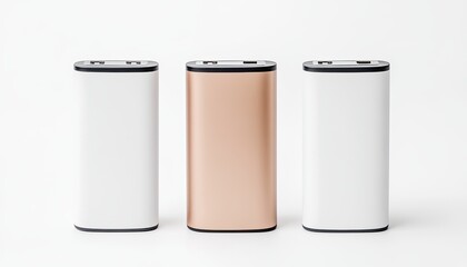 Three sleek, modern battery packs in white and copper colors on a clean, minimalist background