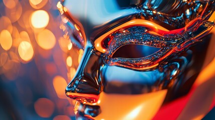 Masquerade Mystery: A glittering silver masquerade mask with intricate detailing, bathed in a warm glow of bokeh lights, hints at a secret identity and a night of intrigue and anonymity. 