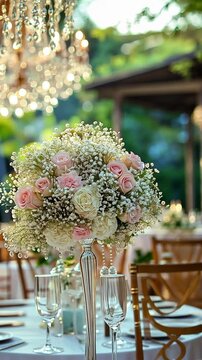 Elegant floral arrangement featuring pink roses and white flowers in a beautifully decorated outdoor venue