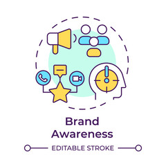 Brand awareness multi color concept icon. Communication types. Marketing, promotion. Round shape line illustration. Abstract idea. Graphic design. Easy to use in infographic, presentation