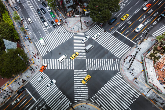 Aerial view of pedestrian crossing in the city, Tokyo, Japan