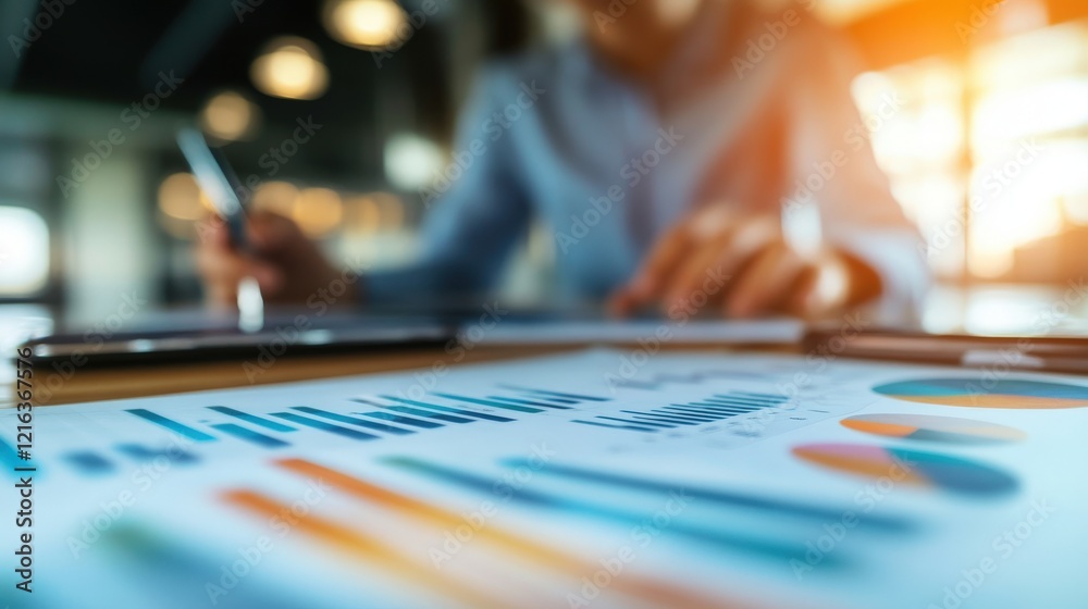 Poster Professional business analytics session showcasing bar graphs and pie charts on a digital tablet, with a blurred background of a focused individual analyzing data