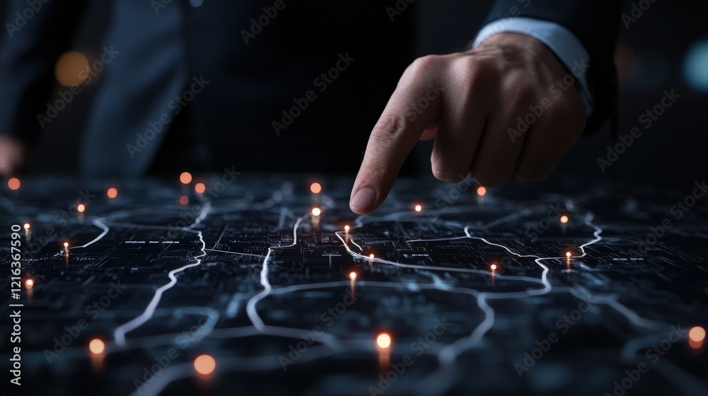 Poster Businessman Analyzing Data on Illuminated Map with Highlighted Points and Connectivity, Representing Technology and Strategic Planning in Modern Analytics