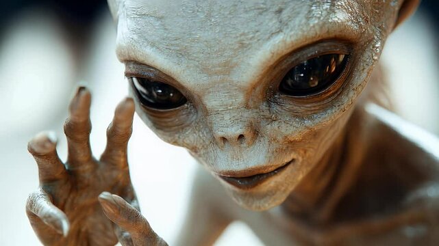Close-up of a friendly alien creature with large eyes and a welcoming smile, extending its hand in a gesture of peace.