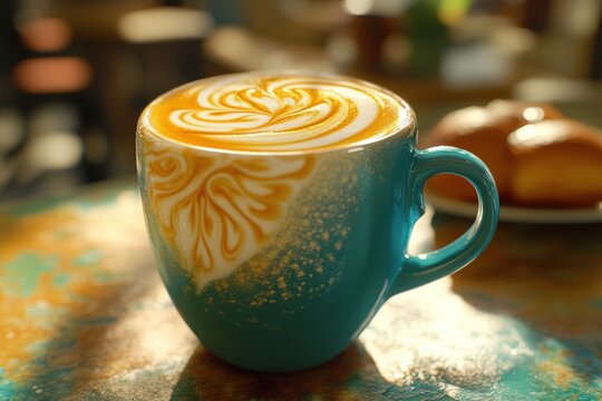 Discover the artistry of handcrafted lattes in a modern cafe setting This image showcases a teal latte cup adorned with exquisite caramel art, perfectly complementing the warm, inviting atmosphere of