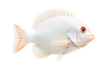 Vibrant orange and white Tilapia fish with detailed scales and fins isolated on white transparent background, representing marine life beauty