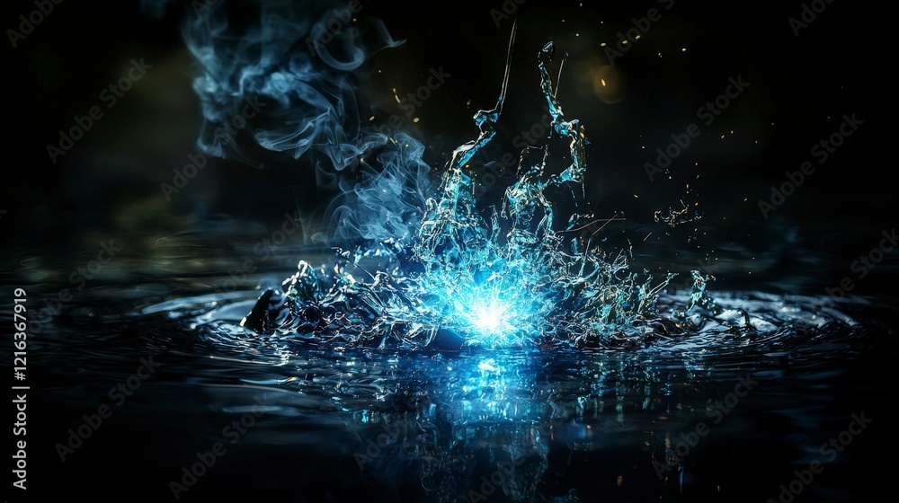 Poster dynamic blue spark creates rippling water effects dark environment stunning visual art captivating p