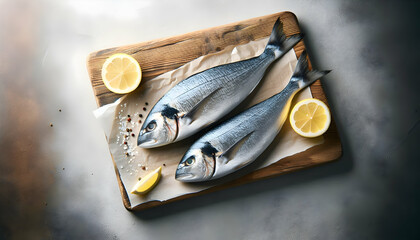 Food A diagonal view of two whole fish on a wooden cutting board, positioned with a slice of lemon at the2