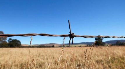 Rural barbed wire fence, golden field, hills, blue sky