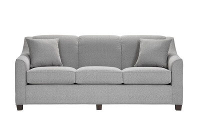 A sofa with pillows in a minimalist design with wooden legs + clipping path. The sofa is isolated on a White background.