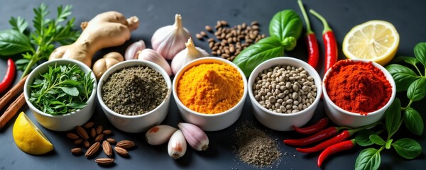 Colorful assortment of various herbs, spices arranged on dark background. Fresh herbs like rosemary, basil visible along with ground spices like turmeric, paprika. Whole spices, including garlic,