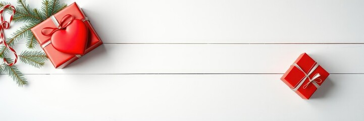 A Christmas present with a spruce branch and a heart-shaped ornament on top of a white wooden table with a red paper wrapped gift beside it , winter, table